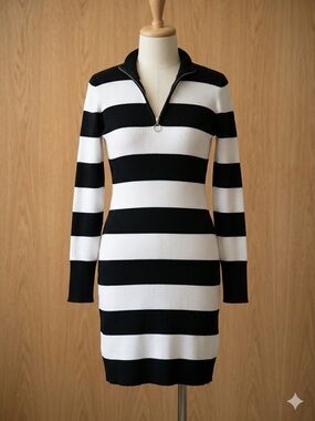 Fashion Nova Black & White Striped Zip-Front Long Sleeve Dress